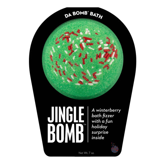 Green with red and white sprinkle Jingle Bomb with a surprise inside scented as winterberry.