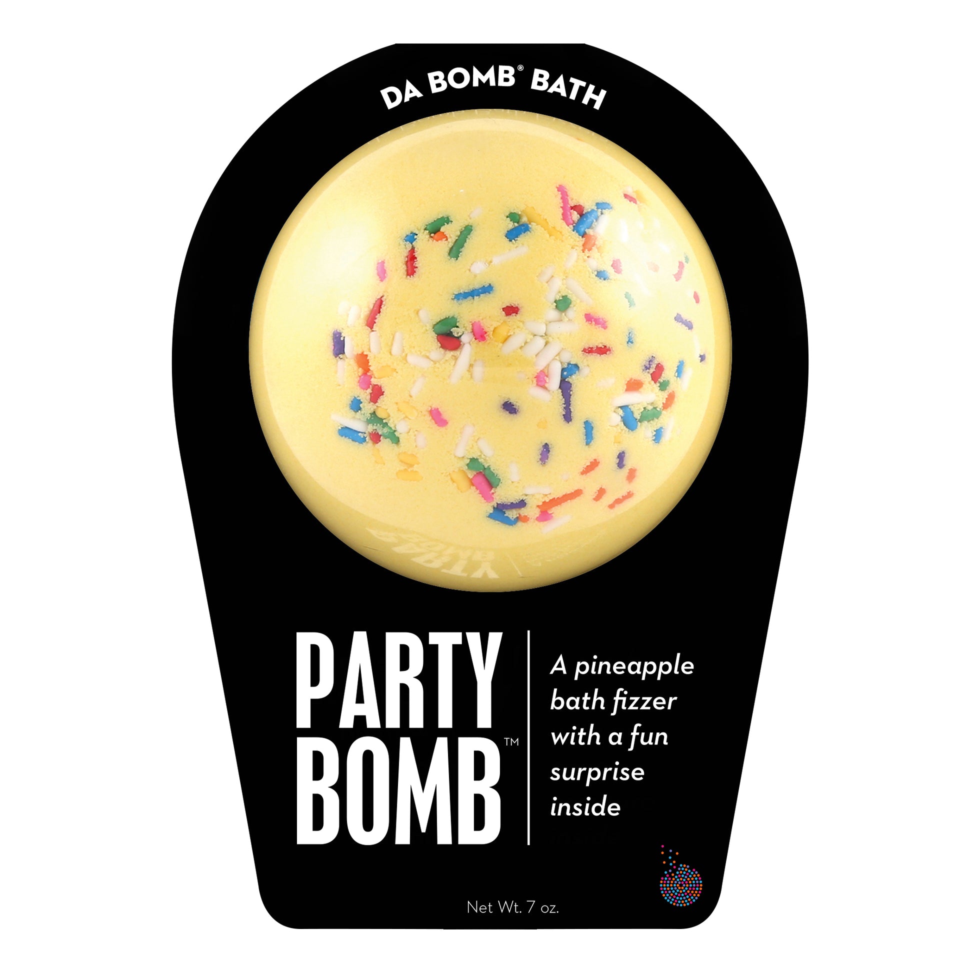 Yellow with multi-color sprinkle Party Bomb with a surprise inside, scented as pineapple.
