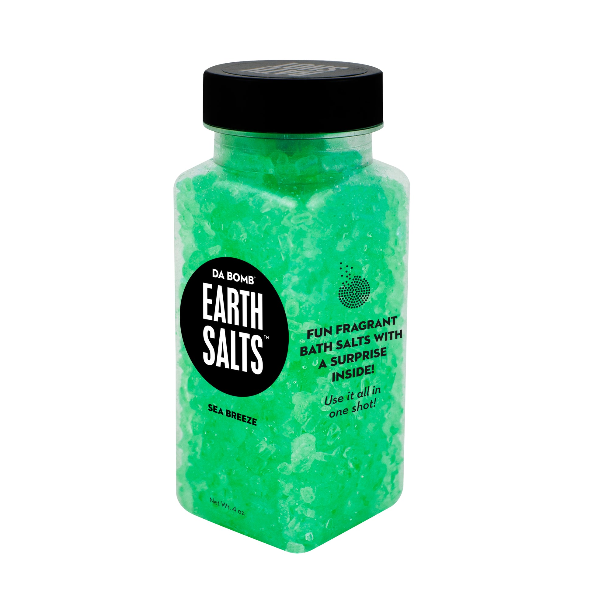 Small, clear plastic jar filled with green and orange bath salt that smells like sea breeze. Each shot contains a fun surprise.