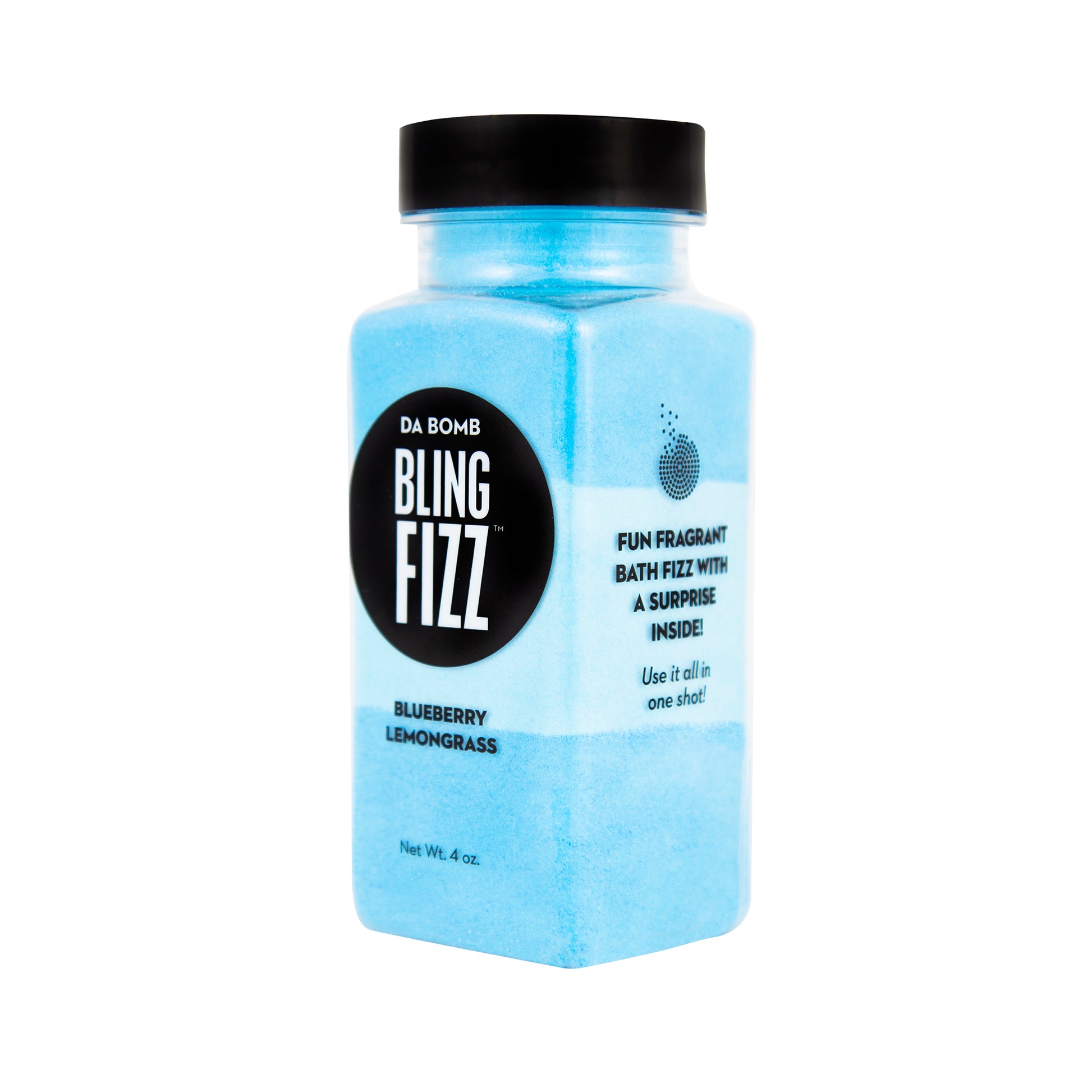 Small, clear plastic jar containing color block blue, light blue and blue bath fizz that smells like blueberry lemongrass. Jar contains a fun surprise.