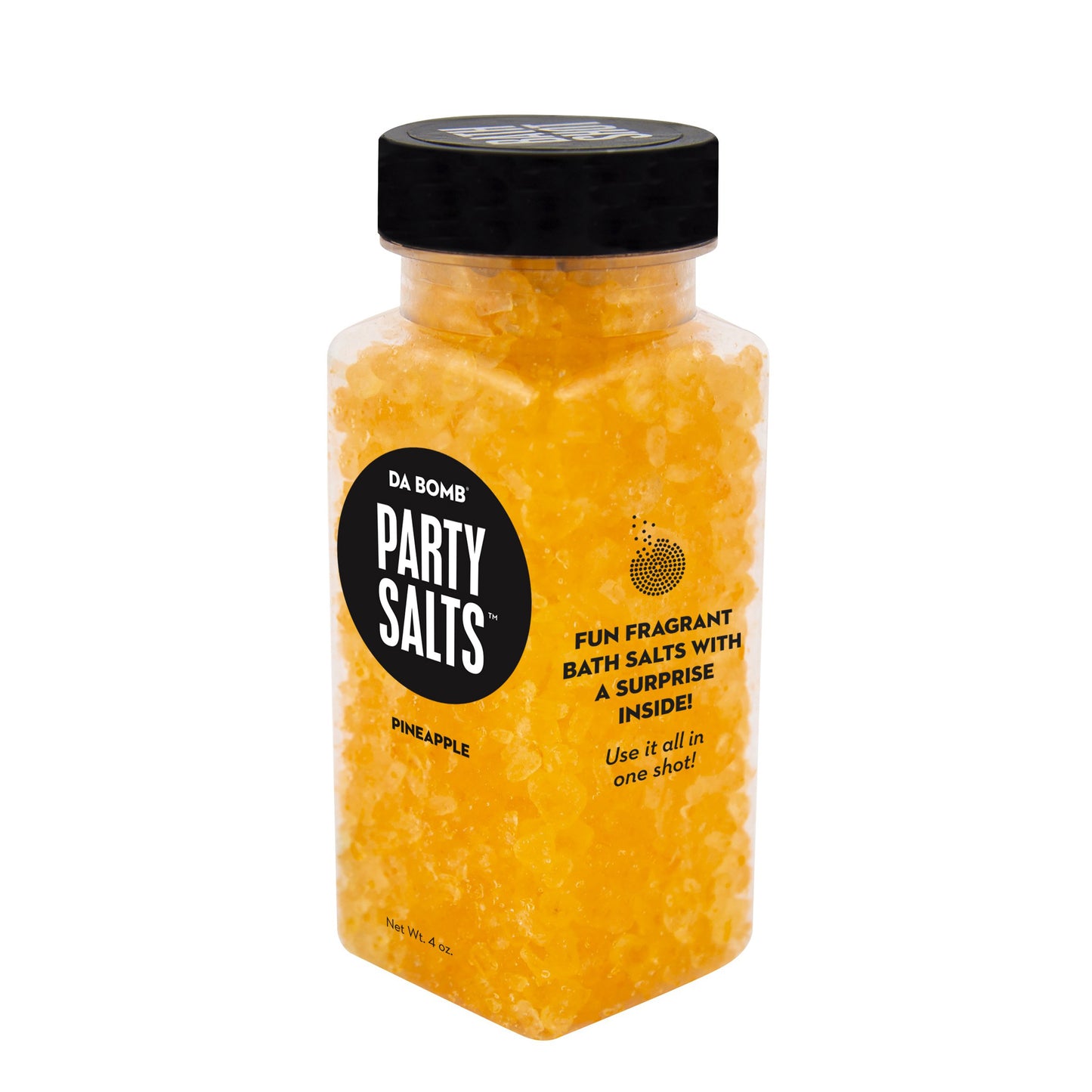 Small, clear plastic jar filled with orange bath salt that smells like pineapple. Each shot contains a fun surprise.