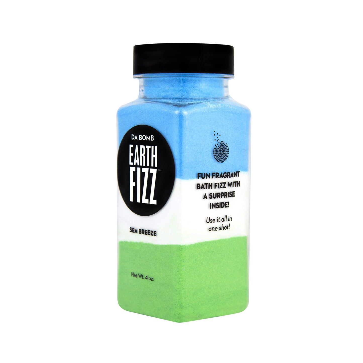 Small, clear plastic jar containing color block green, white and blue bath fizz that smells like sea breeze. Jar contains a fun surprise.