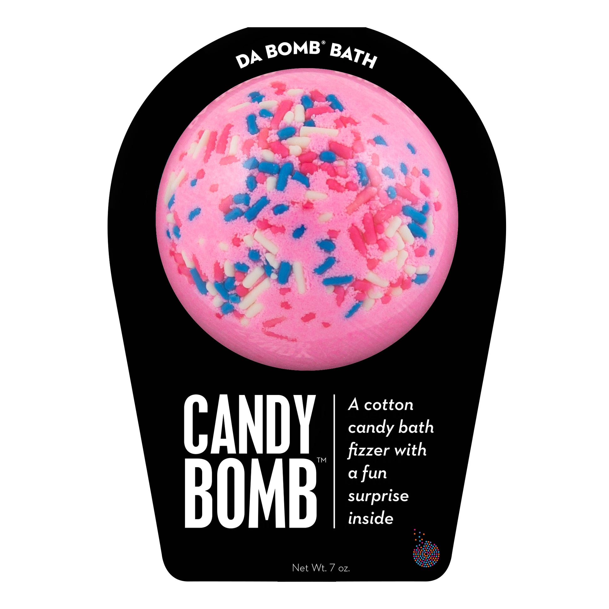 Pink with multi-color sprinkle Candy Bomb with a surprise inside, scented as cotton candy.